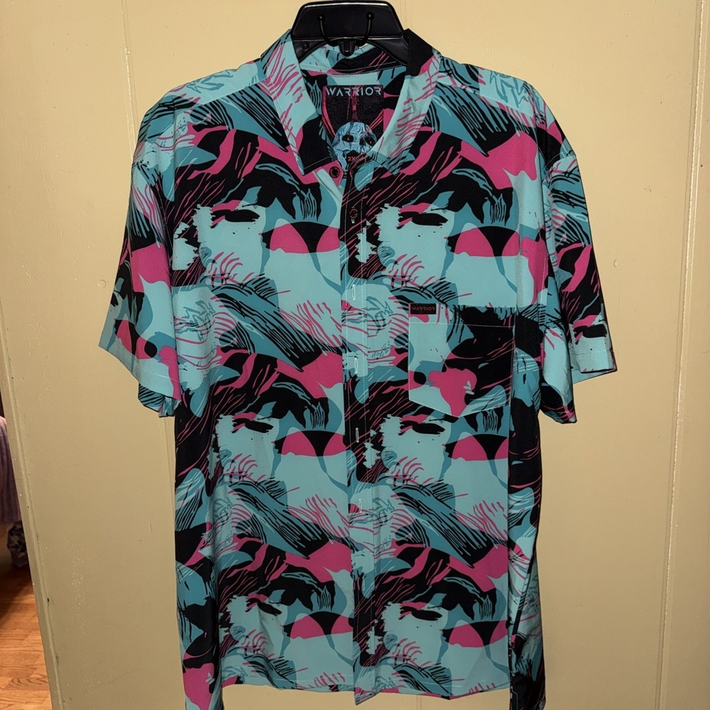 Warrior Co Mens 2XL Blue Vibrant Camo Short Sleeve Button Down Miami Brushstroke